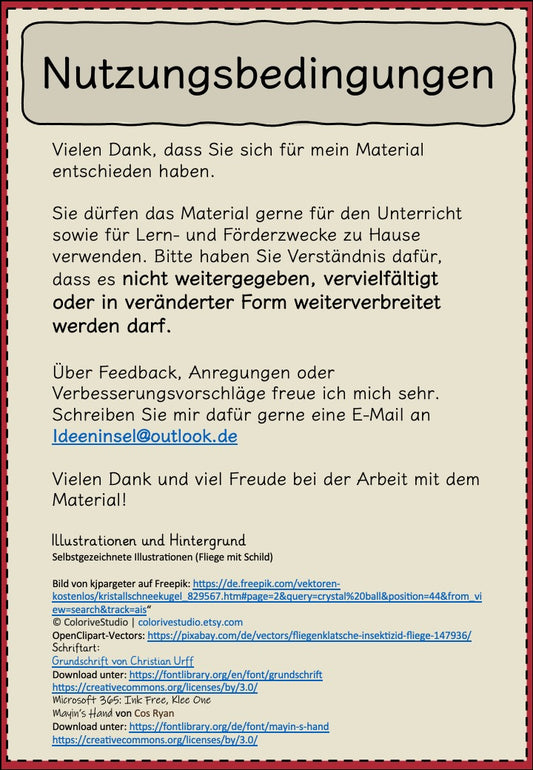 Lesespiel mit den 100 häufigsten Wörtern für Grundschulkinder Nutzungsbedingungen
