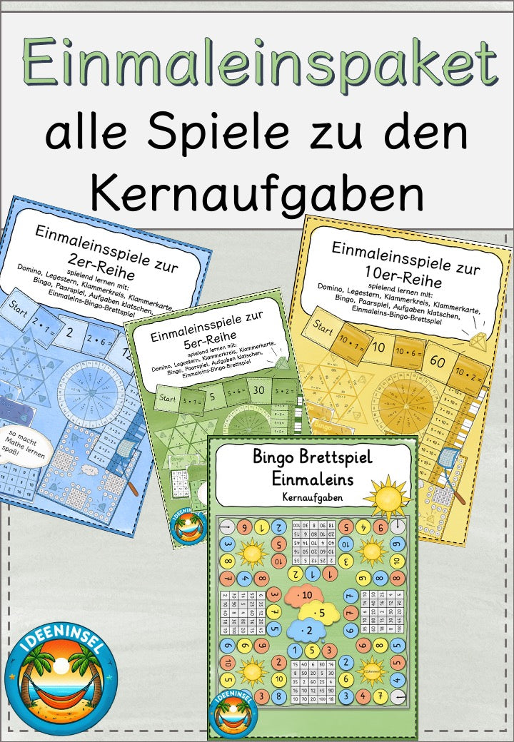 Einmaleins Spiele Bundle Grundschule mit Lernspielen zur 2er, 5er und 10er Reihe sowie Bingo zu den Kernaufgaben – spielerisch üben im Matheunterricht
