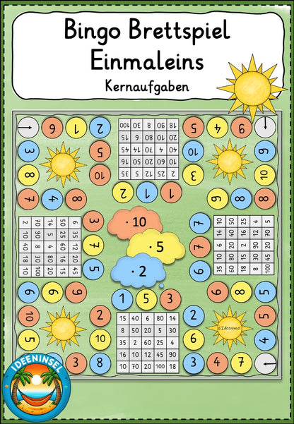 Einmaleins Bingo-Brettspiel mit Kernaufgaben der Multiplikation für Grundschulkinder