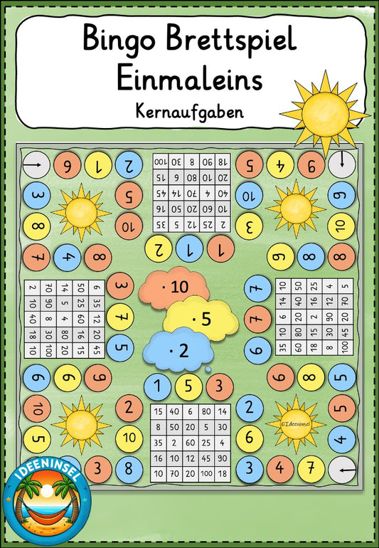 Einmaleins Bingo-Brettspiel mit Kernaufgaben der Multiplikation für Grundschulkinder
