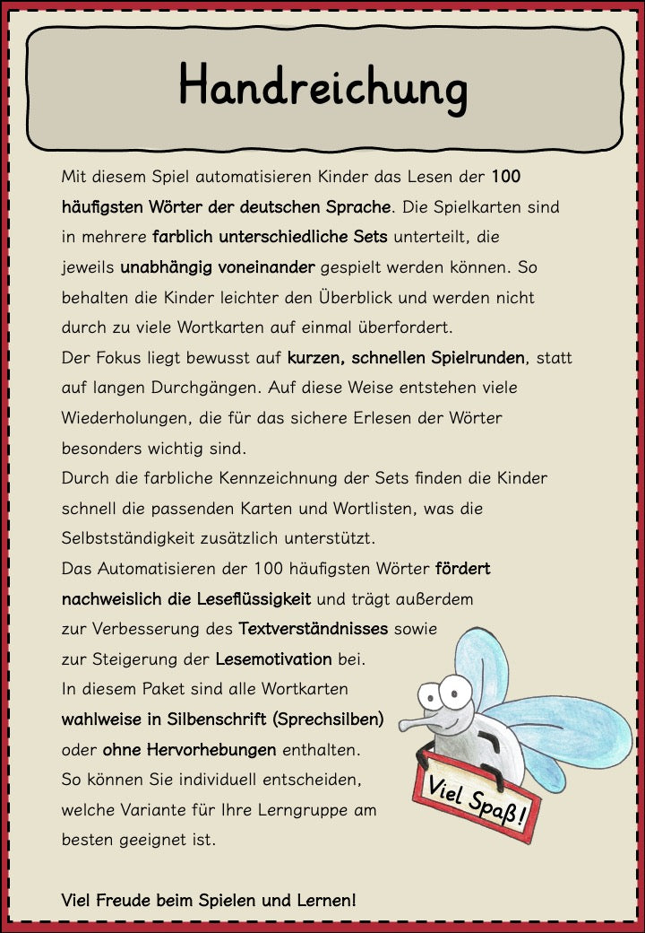 Lesespiel mit den 100 häufigsten Wörtern für Grundschulkinder Handreichung 