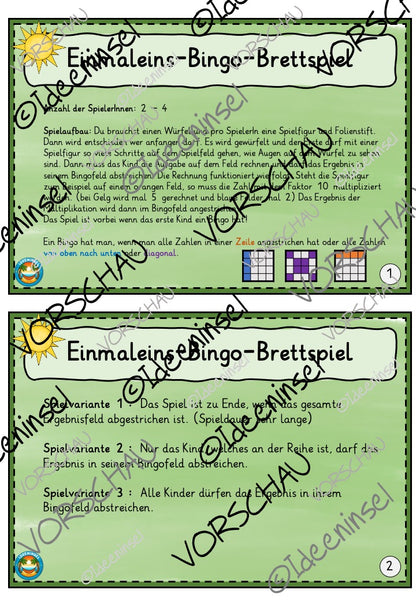 Einmaleins Lernspiel mit Rechenaufgaben und Bingo-Feldern als PDF-Download