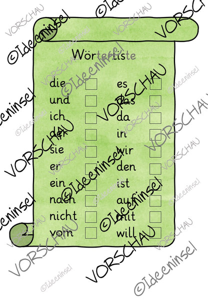 Fliegenklatsch-Wortkarten mit häufigen Wörtern zum Lesenlernen Checkliste 